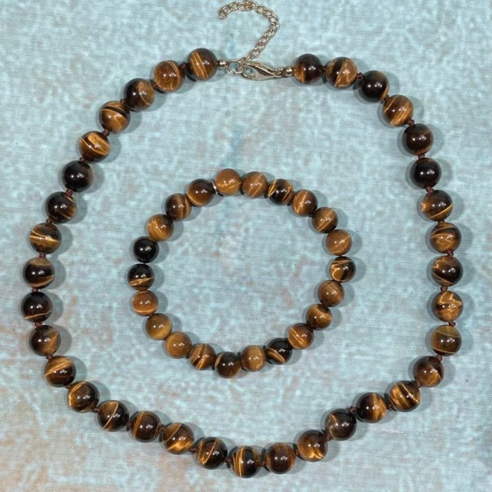 Genuine 21” Tigers Eye Necklace and Bracelet Set Polished Real Semiprecious QVC
